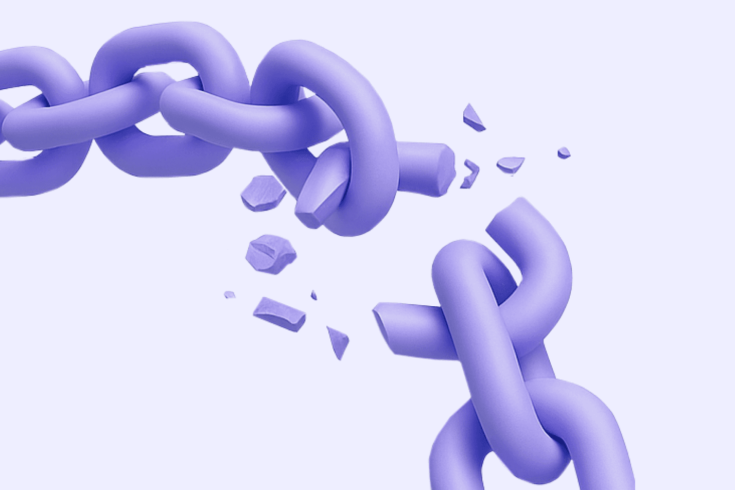 Chain links breaking apart into fragments on a lavender background
