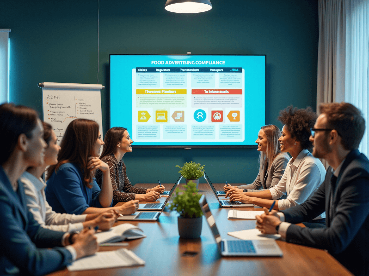 Team in a meeting room facing a screen titled Food Advertising Compliance, with regulator and claims icons