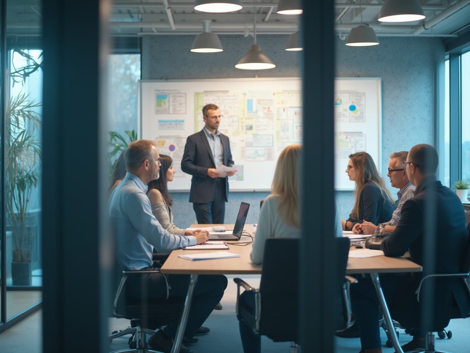 Presenter at a whiteboard of diagrams while a team listens in a glass-walled meeting room