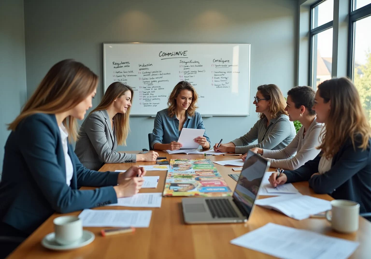 Team reviewing colorful product packaging artwork at a meeting table under a compliance whiteboard