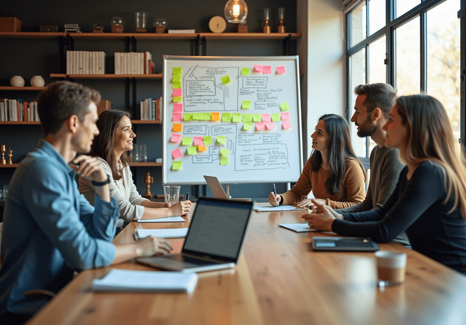 Team reviewing sticky notes on a whiteboard around a wooden table in a bright meeting room
