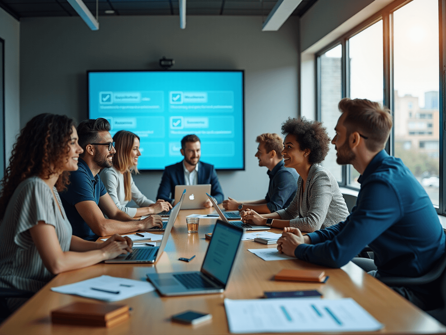 Team in a meeting room with a wall screen of checkmarked items and laptops on the table