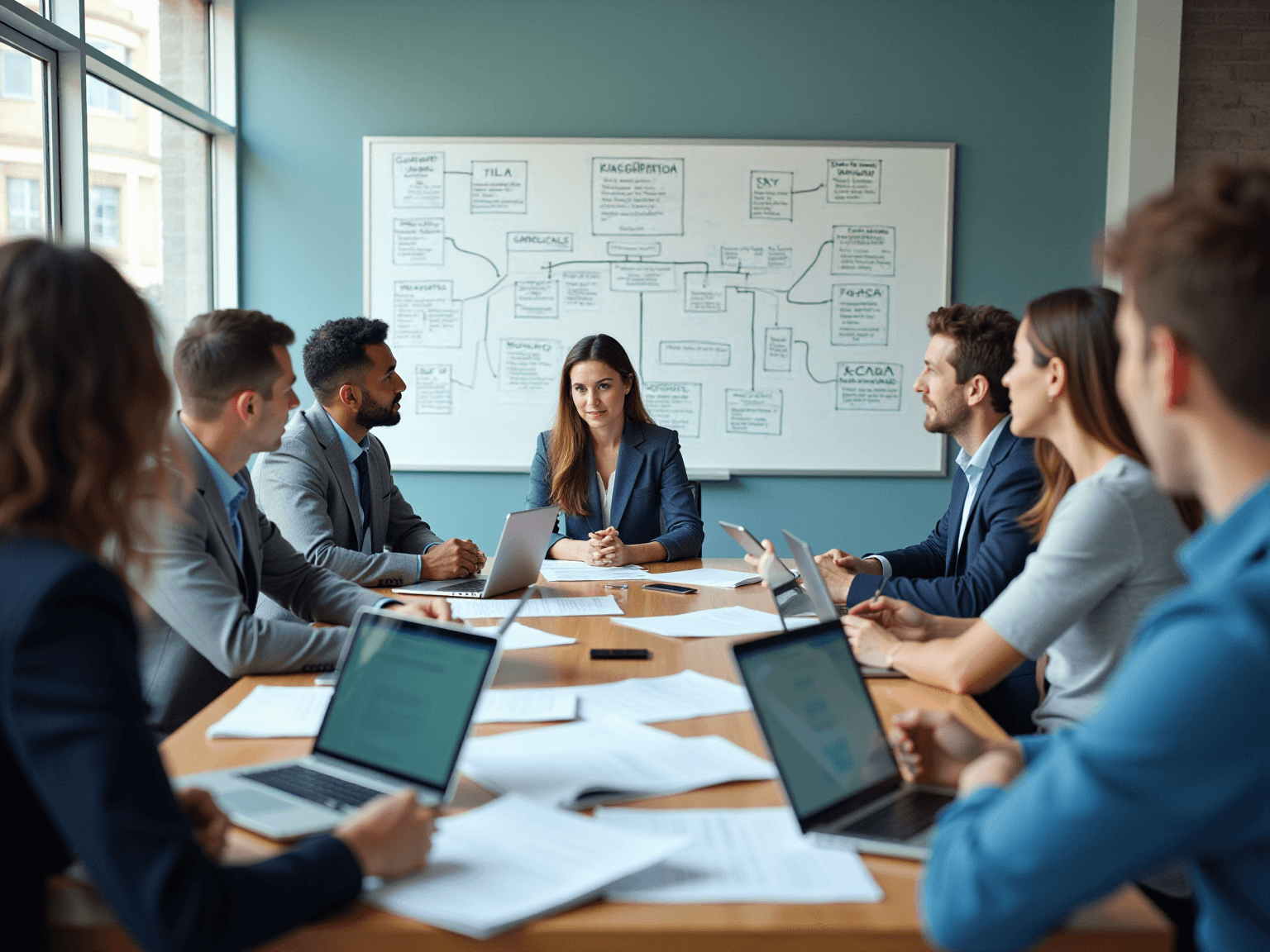 Team in a meeting room around a laptop, with a dense whiteboard flowchart behind them