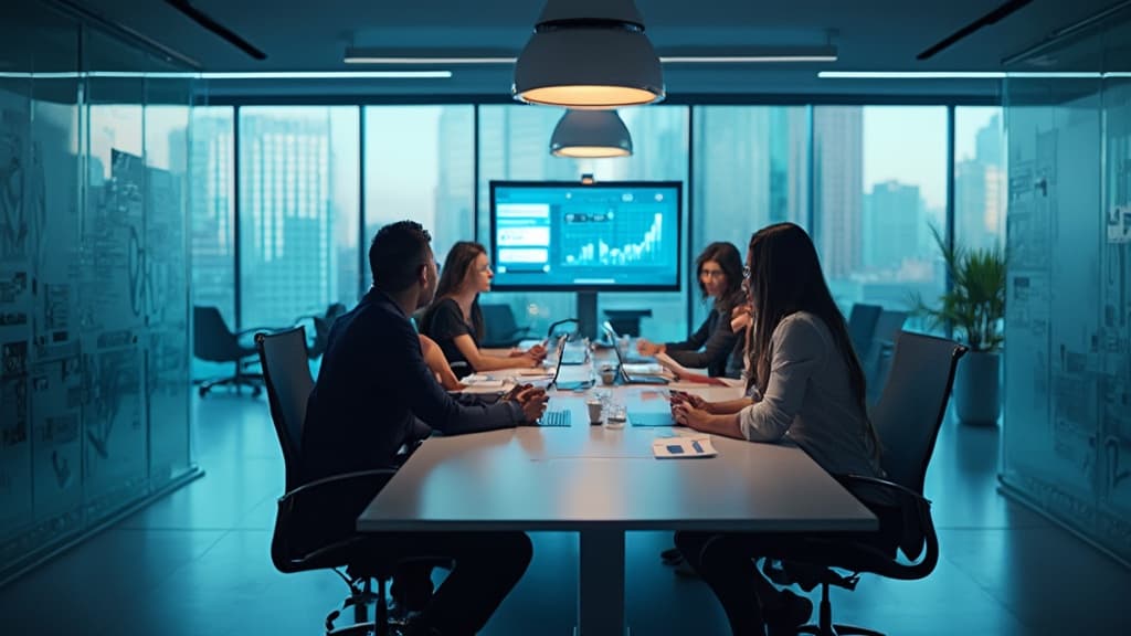 Team in a dim glass-walled boardroom, with a wall monitor showing charts