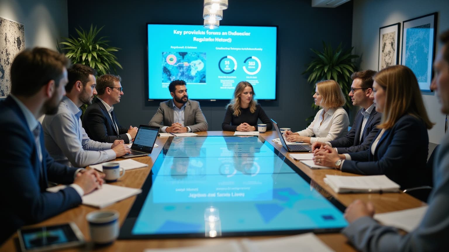Team around a glowing blue conference table, with a wall screen showing a regulatory summary