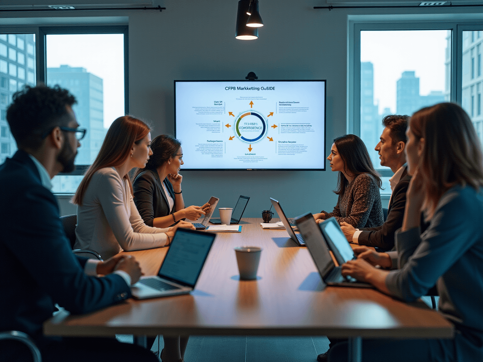 Team at a conference table watching a wall screen with a circular diagram of CFPB marketing compliance steps