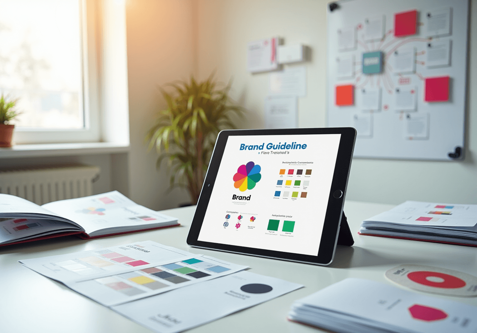 Tablet showing a Brand Guideline cover on a desk with colour swatches and printed brand books