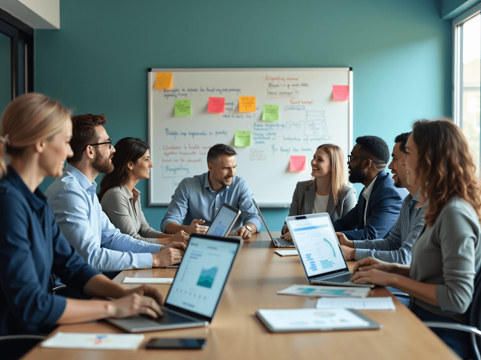 Team in a teal meeting room around a whiteboard covered in sticky notes
