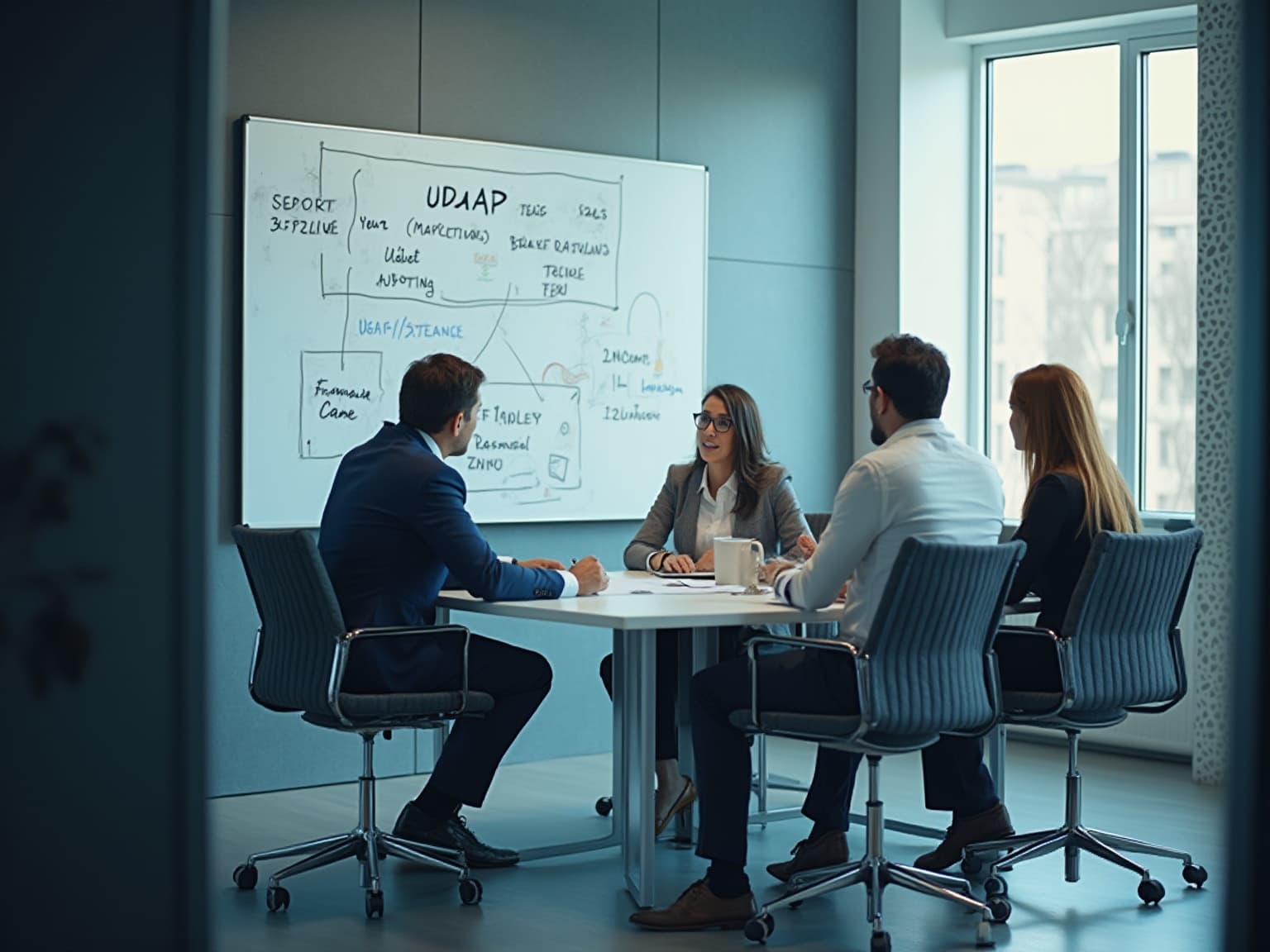 Four colleagues at a table in front of a whiteboard with a hand-drawn UDAAP diagram