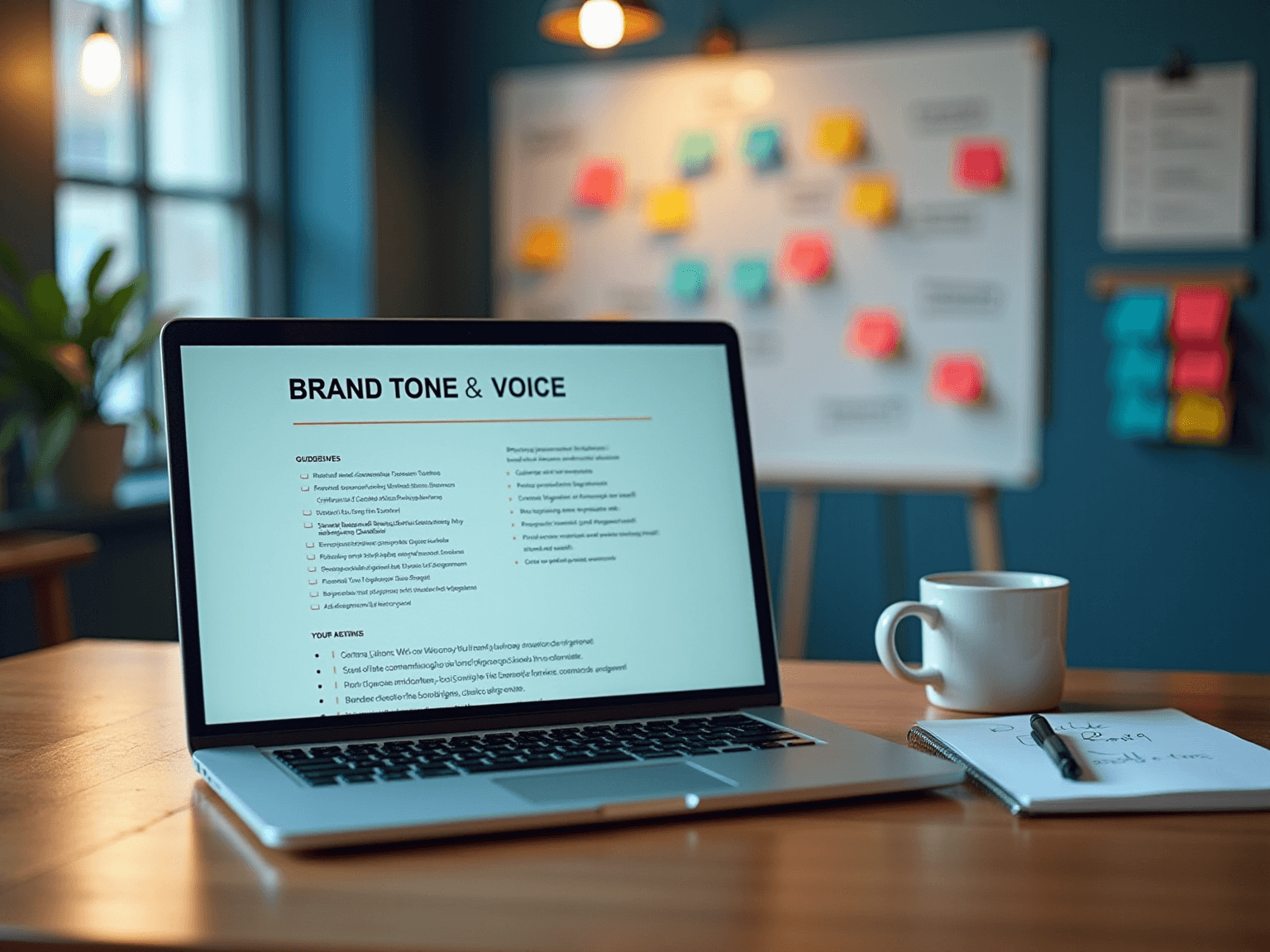 Laptop showing a Brand Tone and Voice guidelines page, with sticky notes on a whiteboard behind