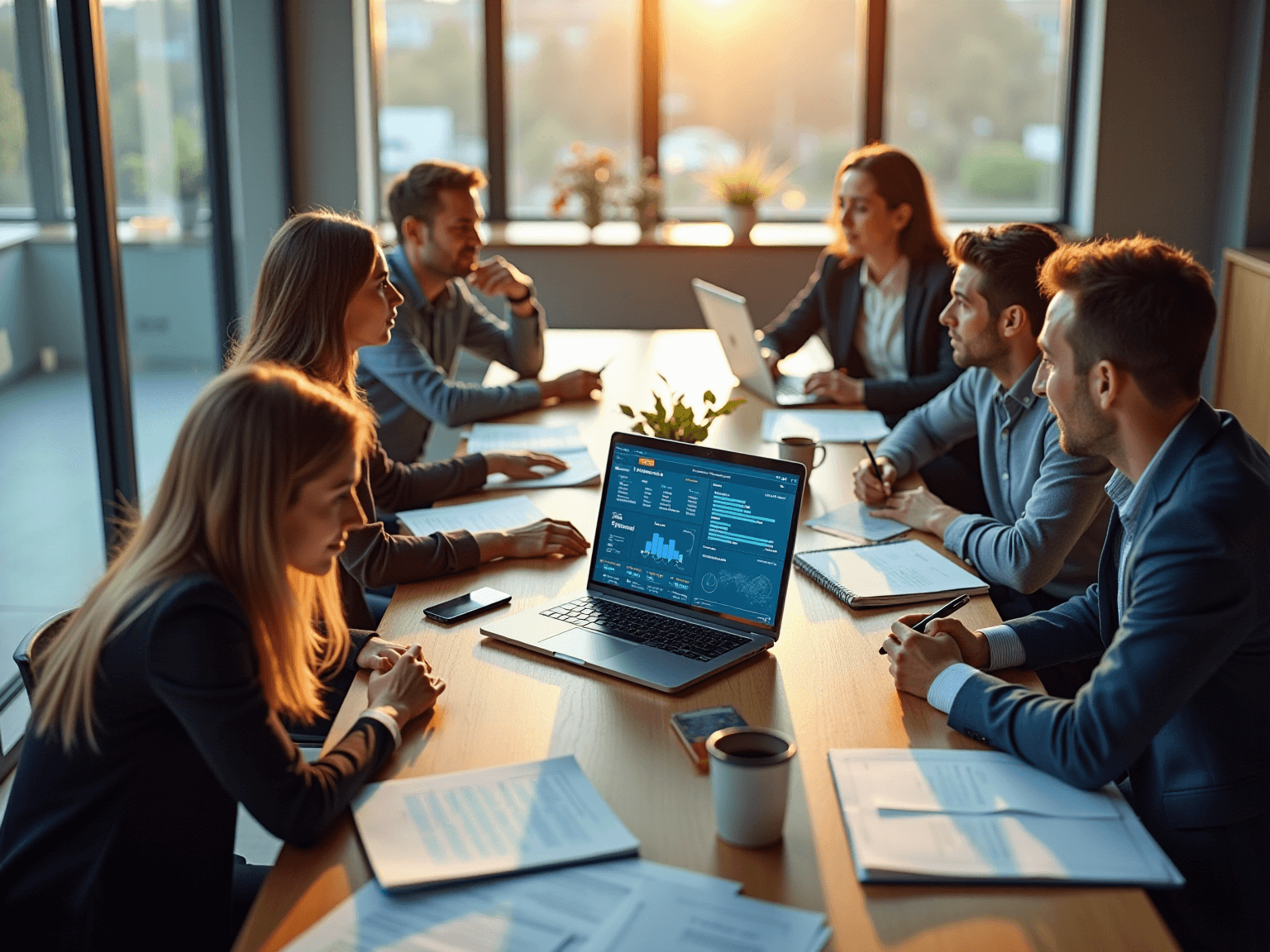 Team at a conference table gathered around a laptop showing a dashboard with bar charts