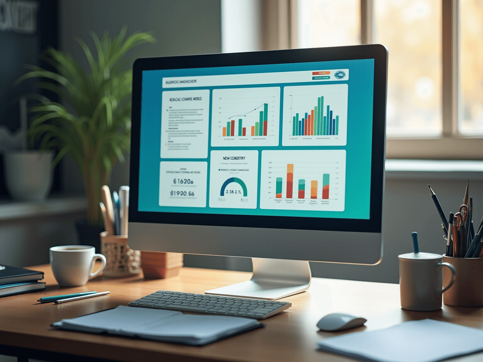 Desktop monitor showing a teal dashboard of bar charts and a gauge, with a mug and keyboard