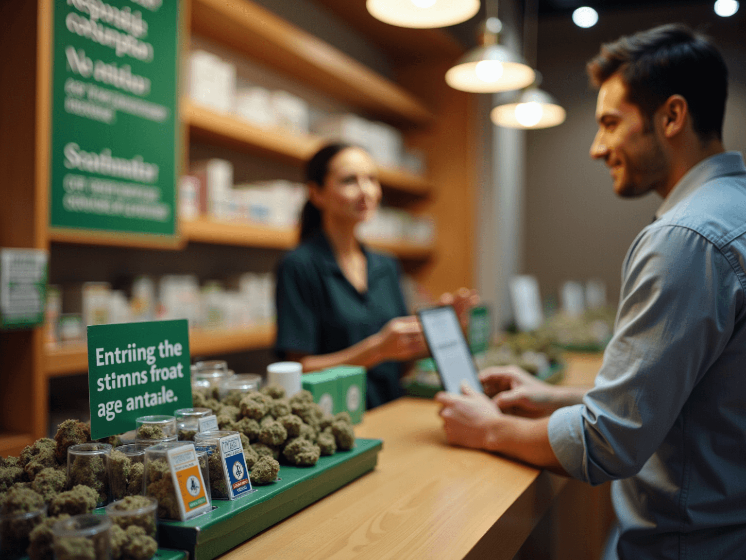 Customer at a counter with a tablet beside jars of cannabis flower under a green sign