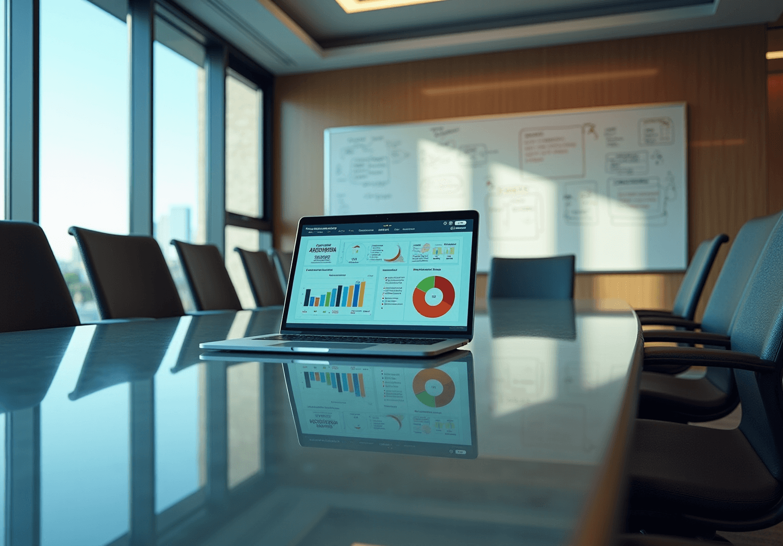 Empty glass boardroom table with a laptop showing bar and pie charts, whiteboard behind