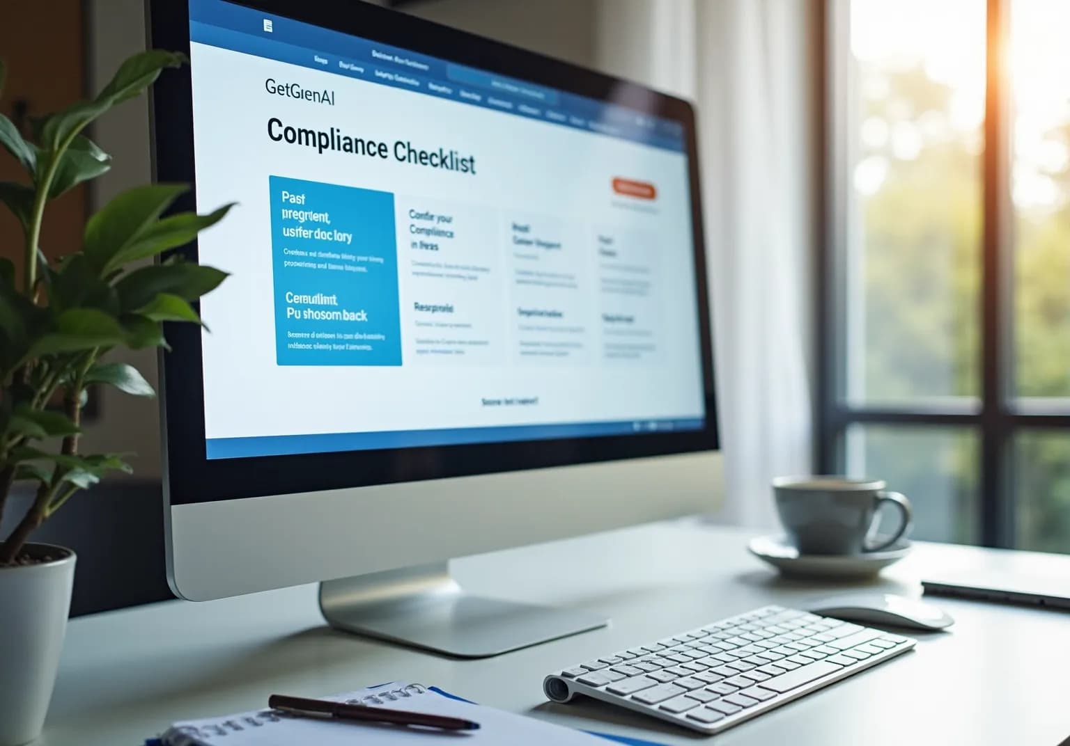 Monitor showing a Compliance Checklist web page on a tidy desk