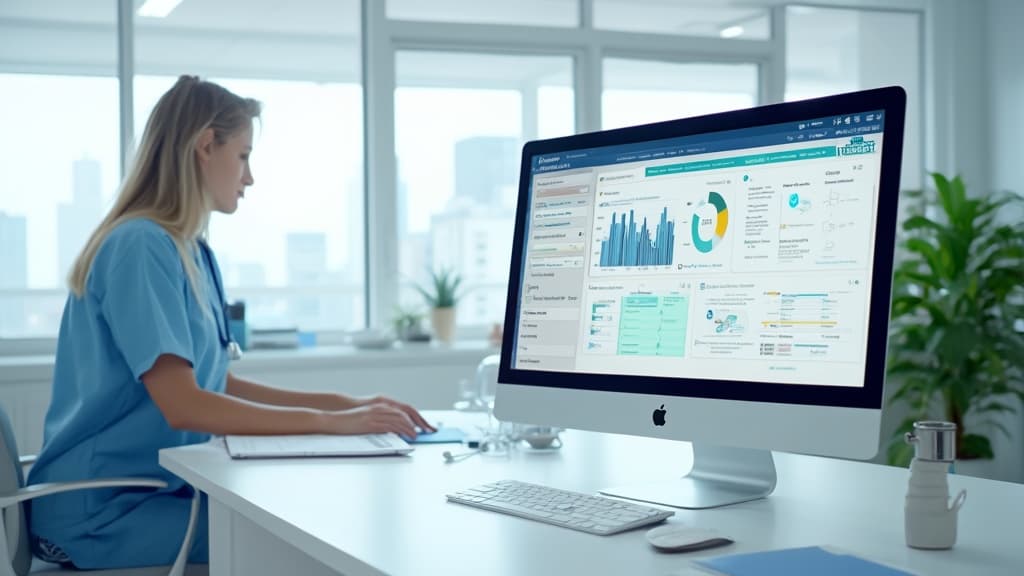 Woman in scrubs at a desk with a monitor showing a healthcare dashboard