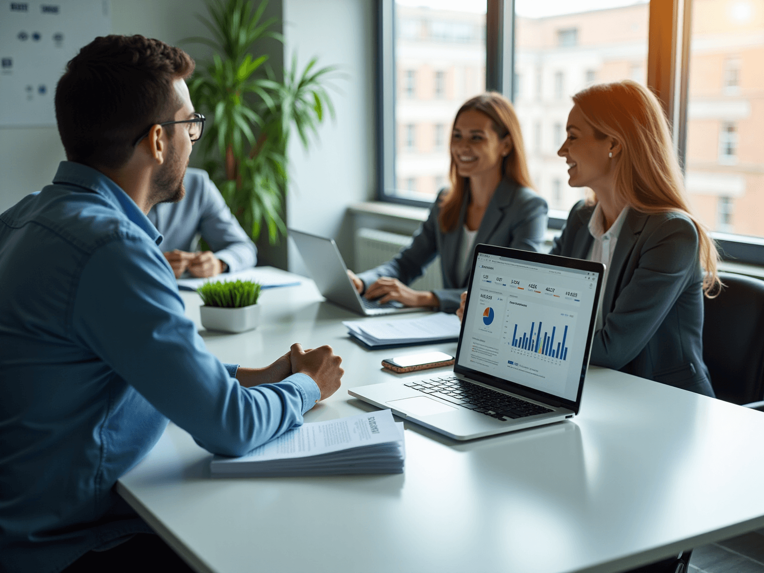 Colleagues around a table in a bright office, with a laptop showing a bar chart and pie chart