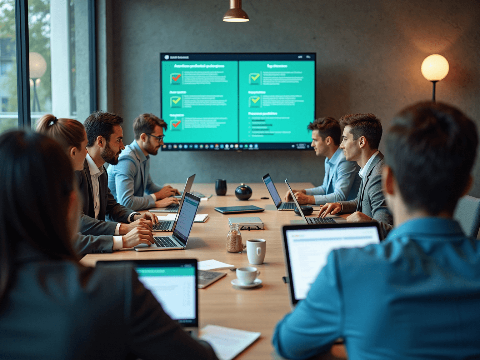 Team at a meeting table with laptops, looking at a teal screen with a checklist of compliance items