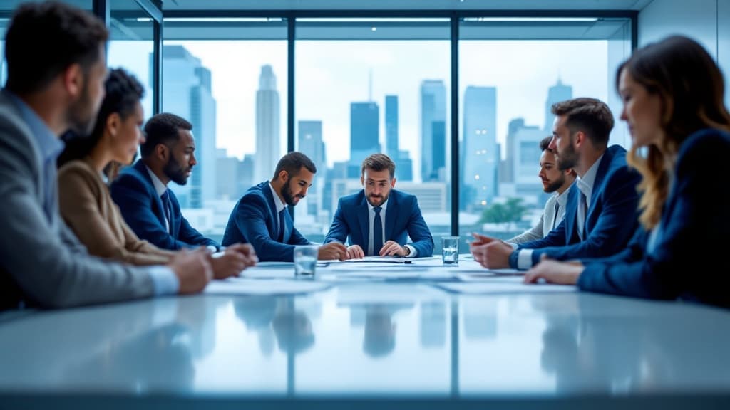 Team in a glass boardroom with a city view, a man speaking across the table