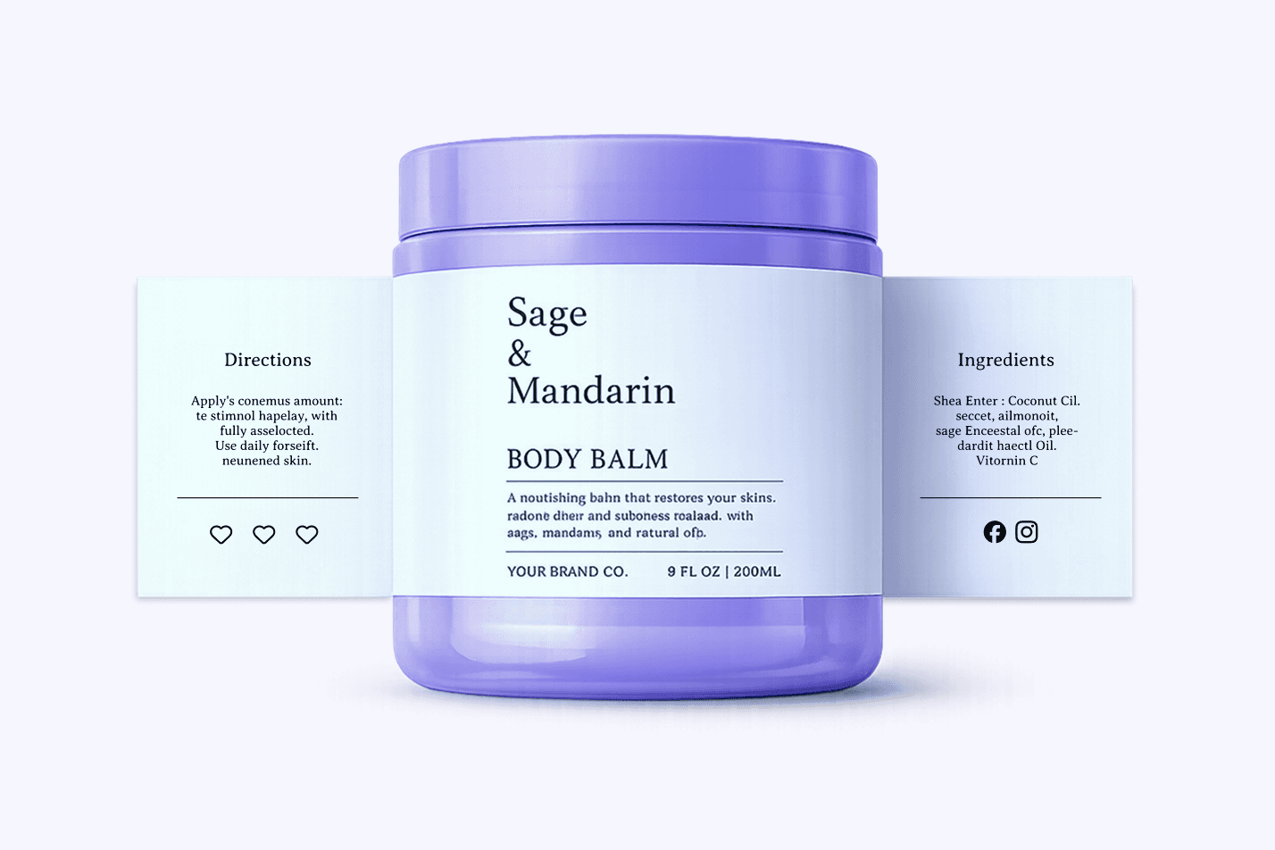 Lavender balm jar flanked by a directions panel and an ingredients panel