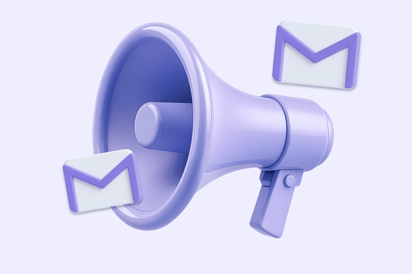 Purple 3D megaphone with two email envelopes floating beside it