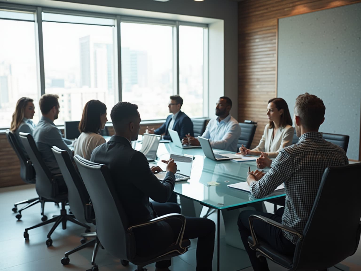 Colleagues around a glass conference table in a wood-paneled room overlooking the city