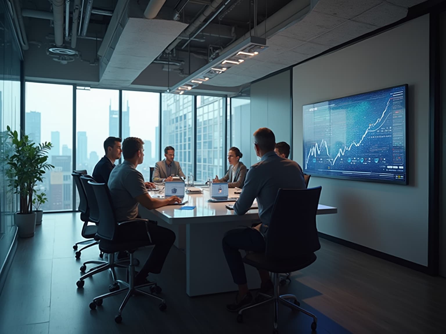 Team at a glass-walled conference table with a wall screen showing a rising line chart