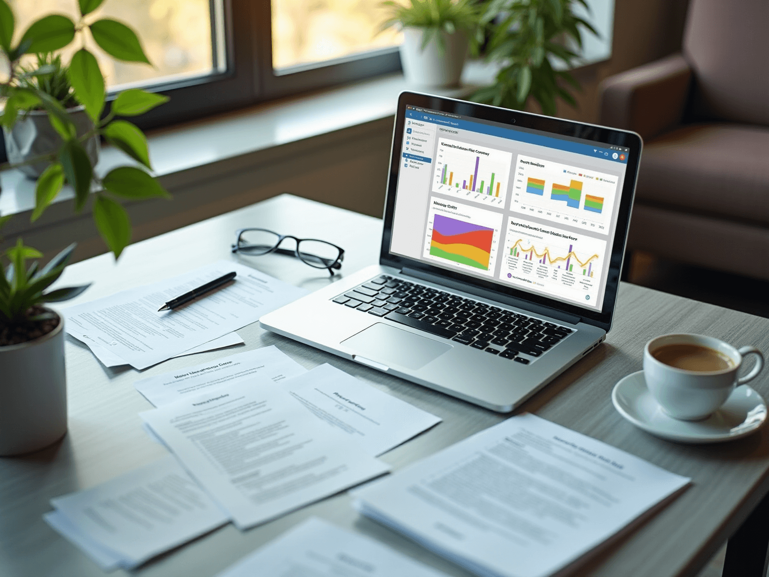 Laptop on a desk showing charts and graphs, surrounded by printed reports, glasses and a coffee cup