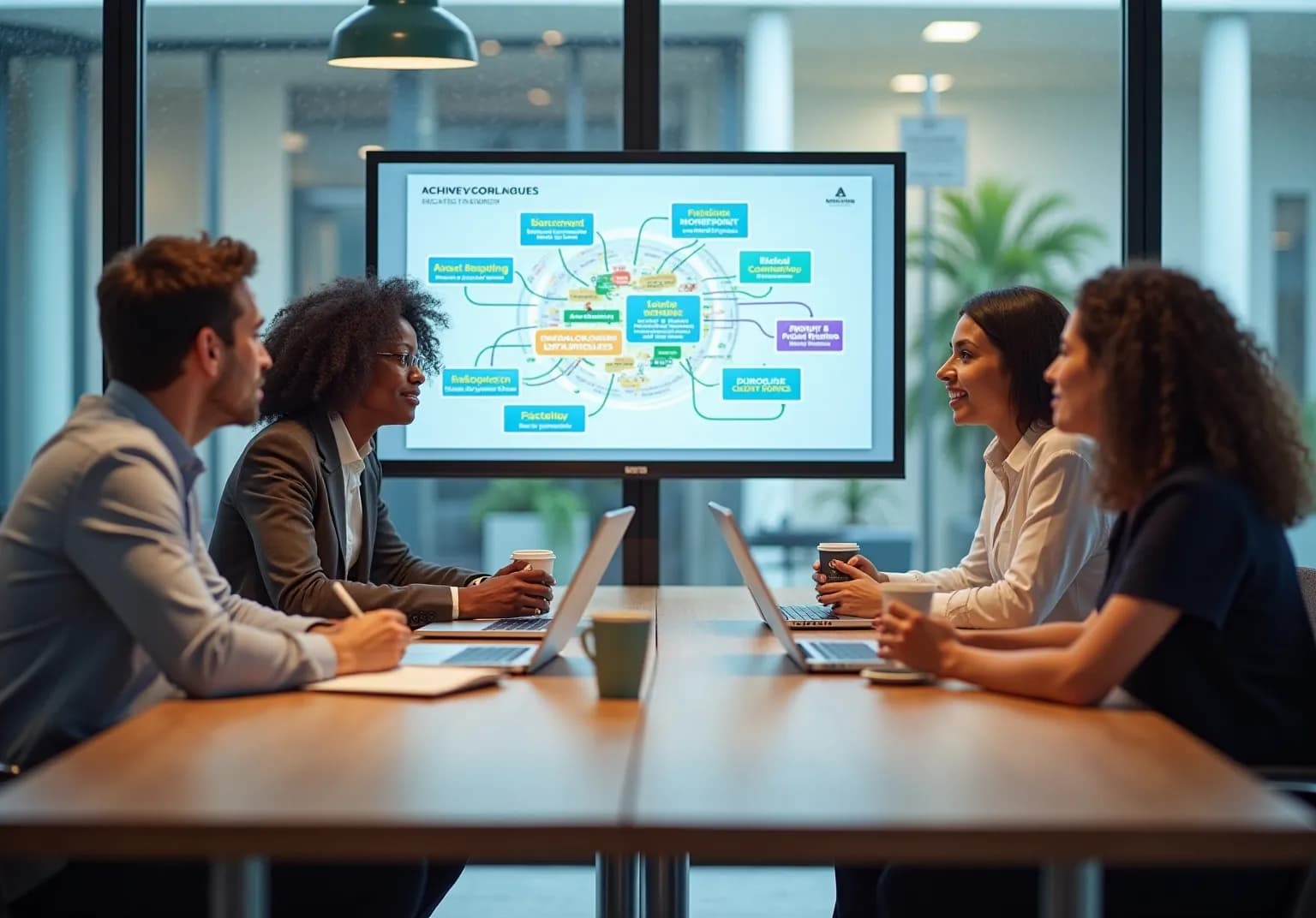 Team in a meeting room looking at a wall screen of linked boxes and a network diagram