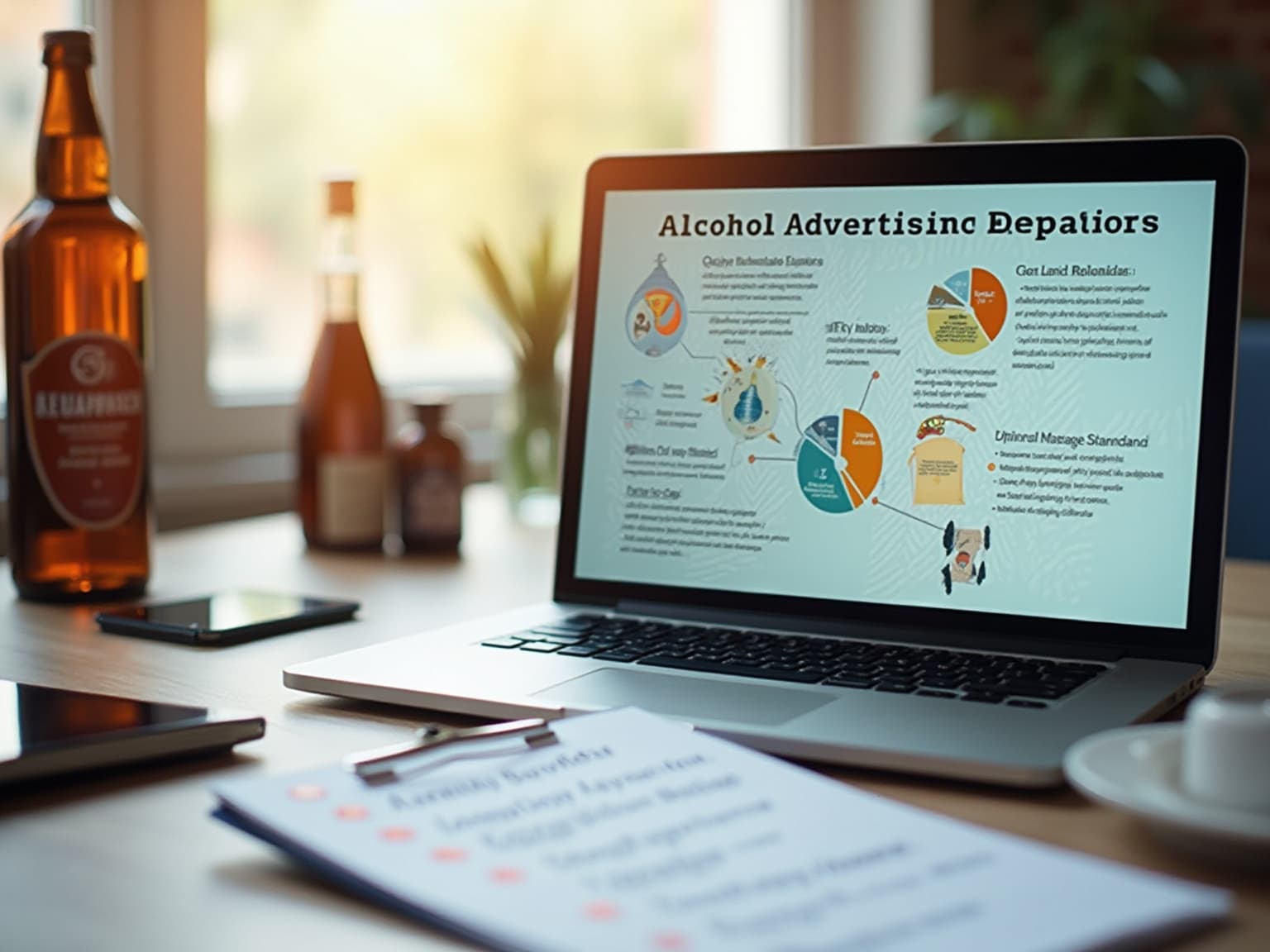 Laptop on a desk showing an alcohol advertising infographic with charts, beside a bottle and a checklist