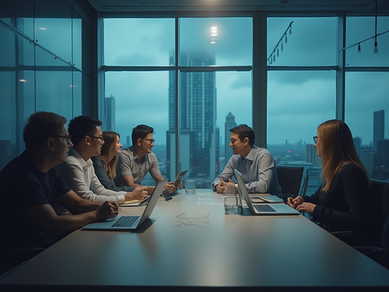 Six people at a glass-walled boardroom table with laptops, city towers at dusk