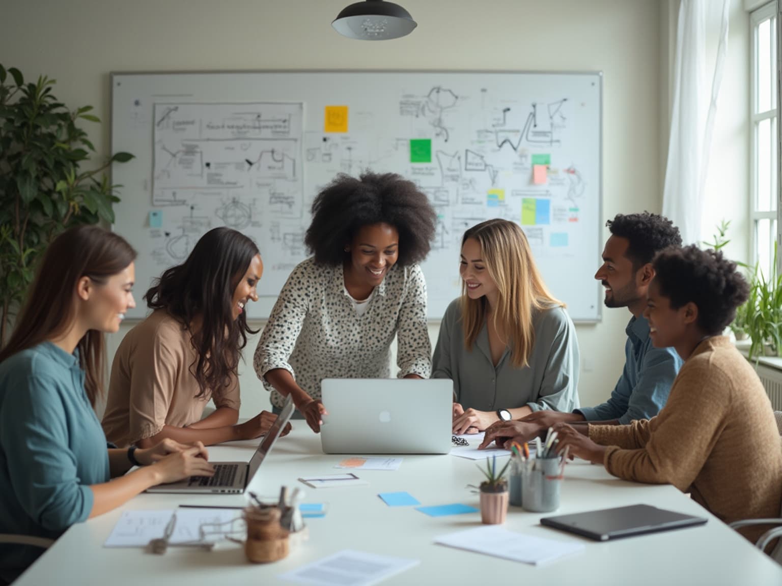 Six colleagues gathered around a laptop in front of a whiteboard covered with sticky notes