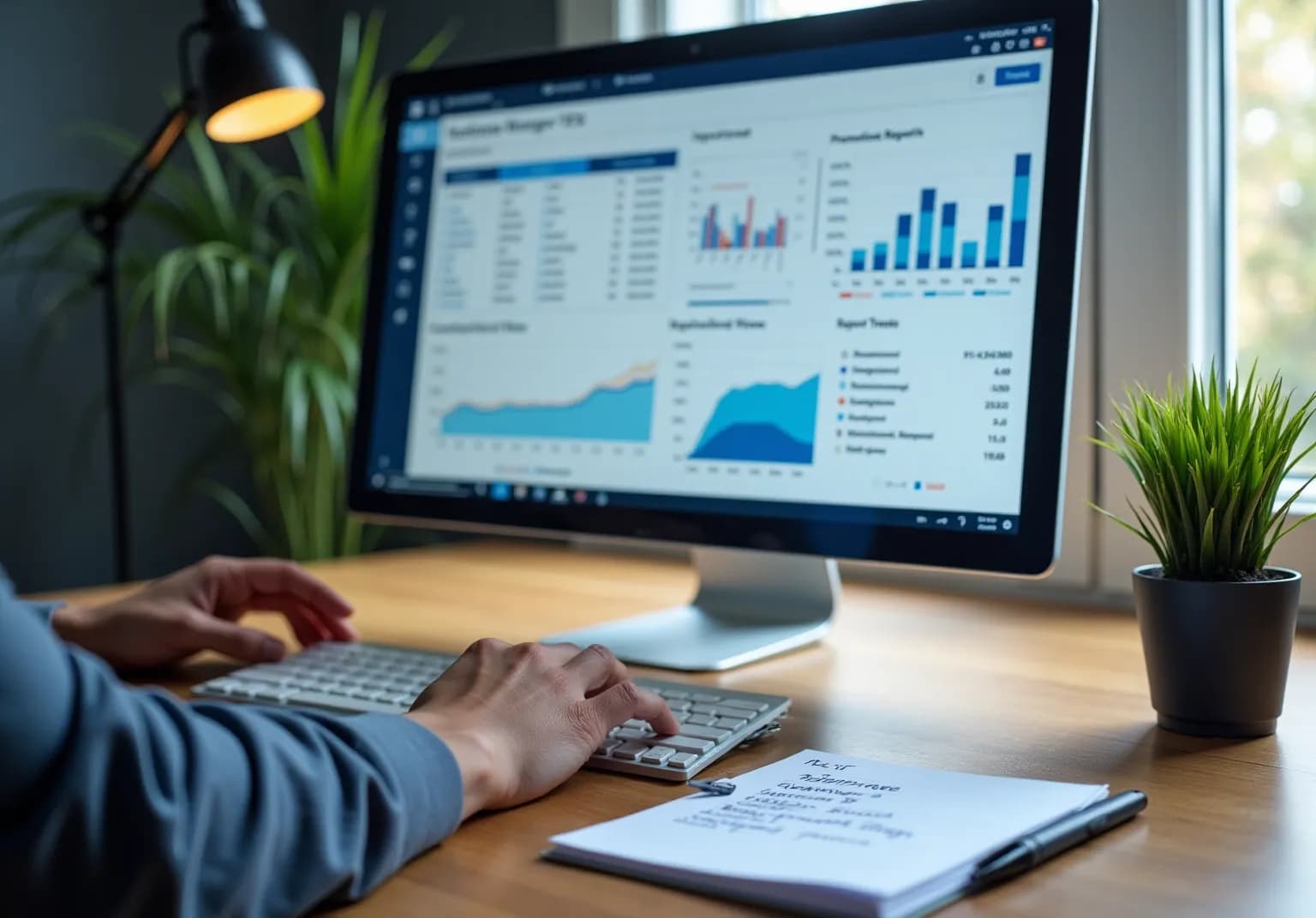 Person working at a monitor with a report and bar charts, beside a desk lamp