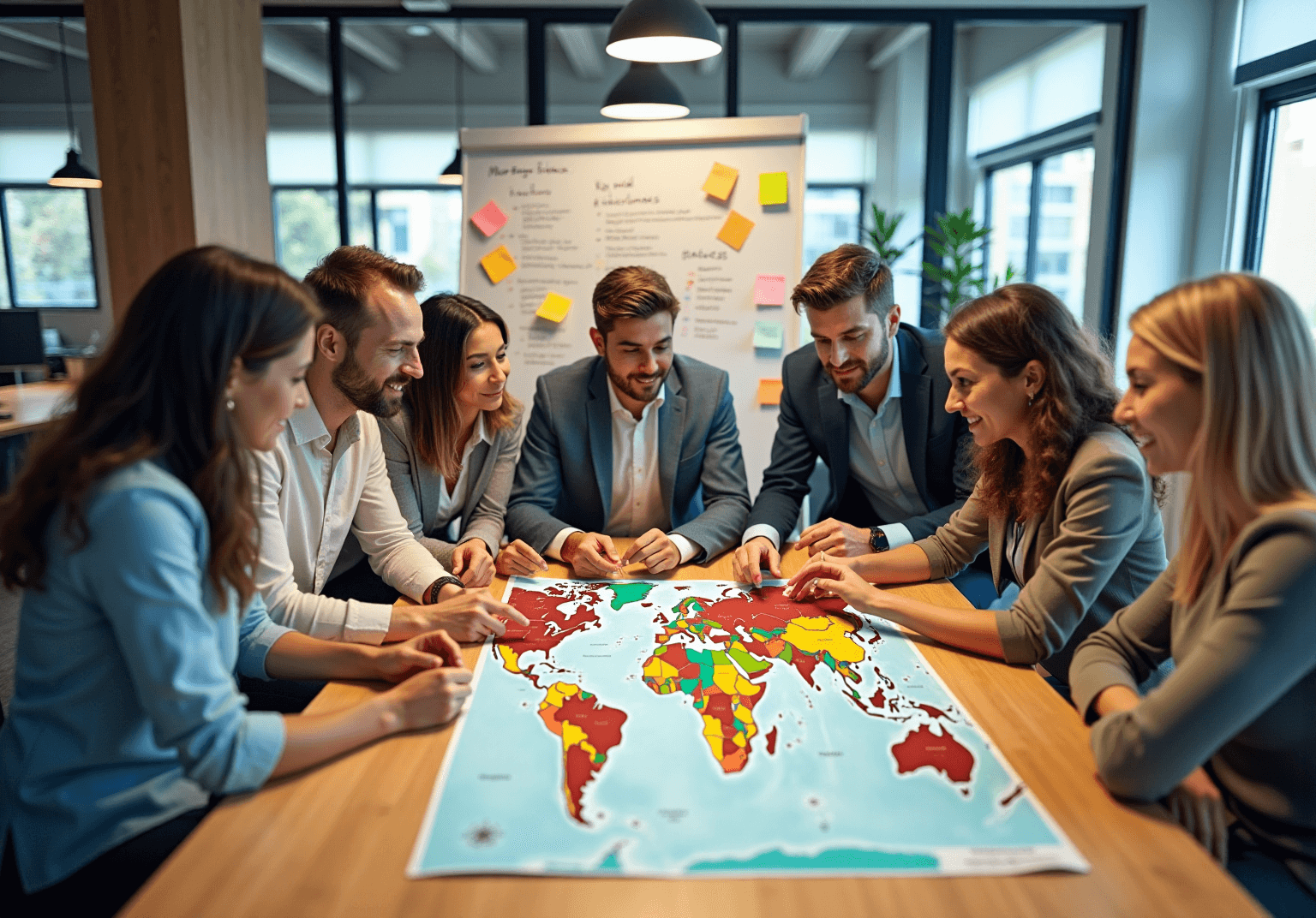 Team gathered around a table placing pins on a colorful world map in a bright office