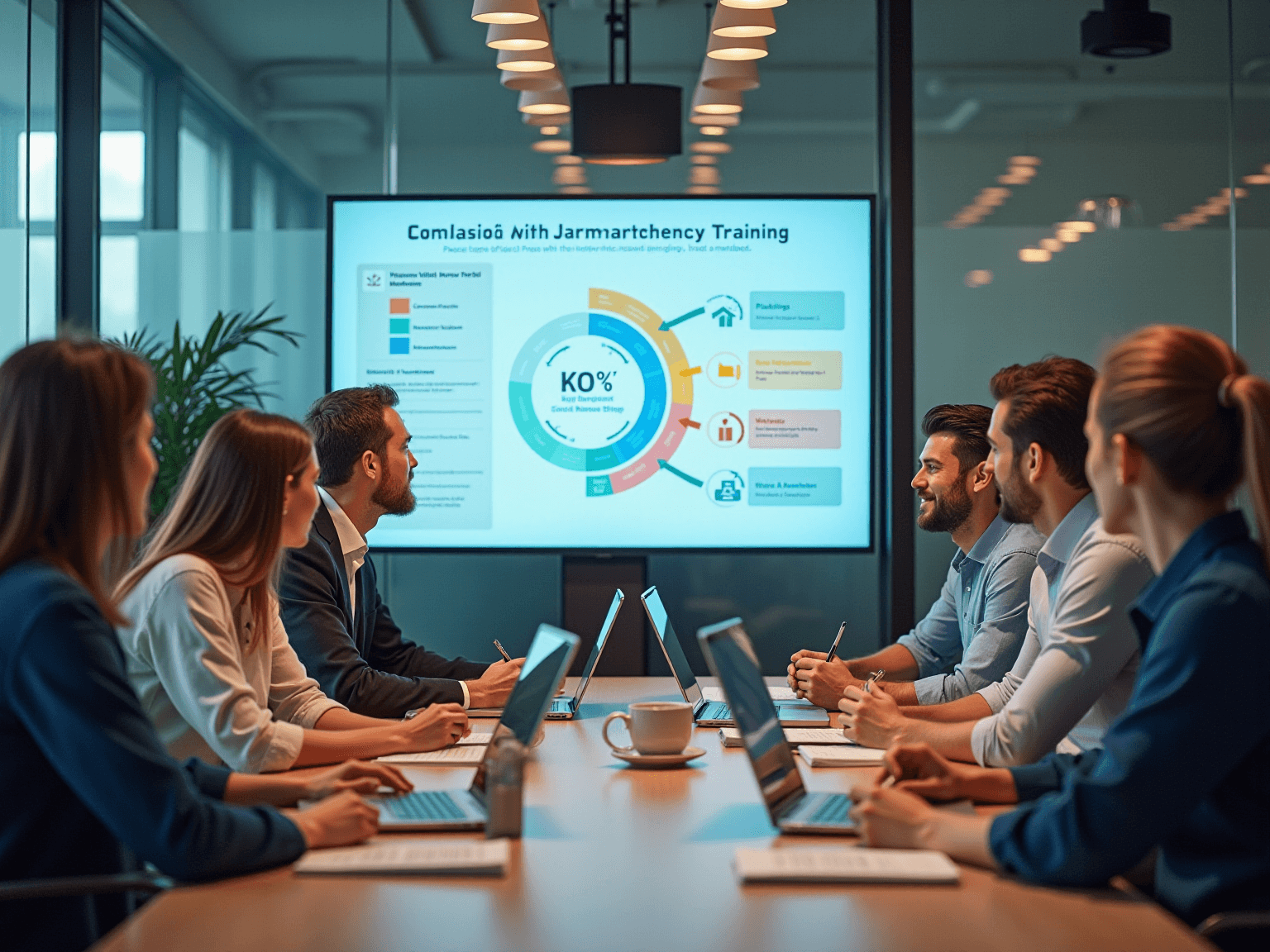 Team in a conference room watching a wall screen with a compliance training donut chart