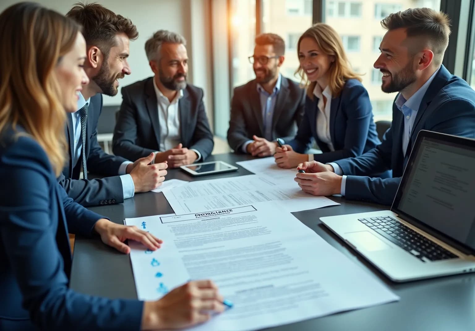 Team at a conference table going over a document marked compliance