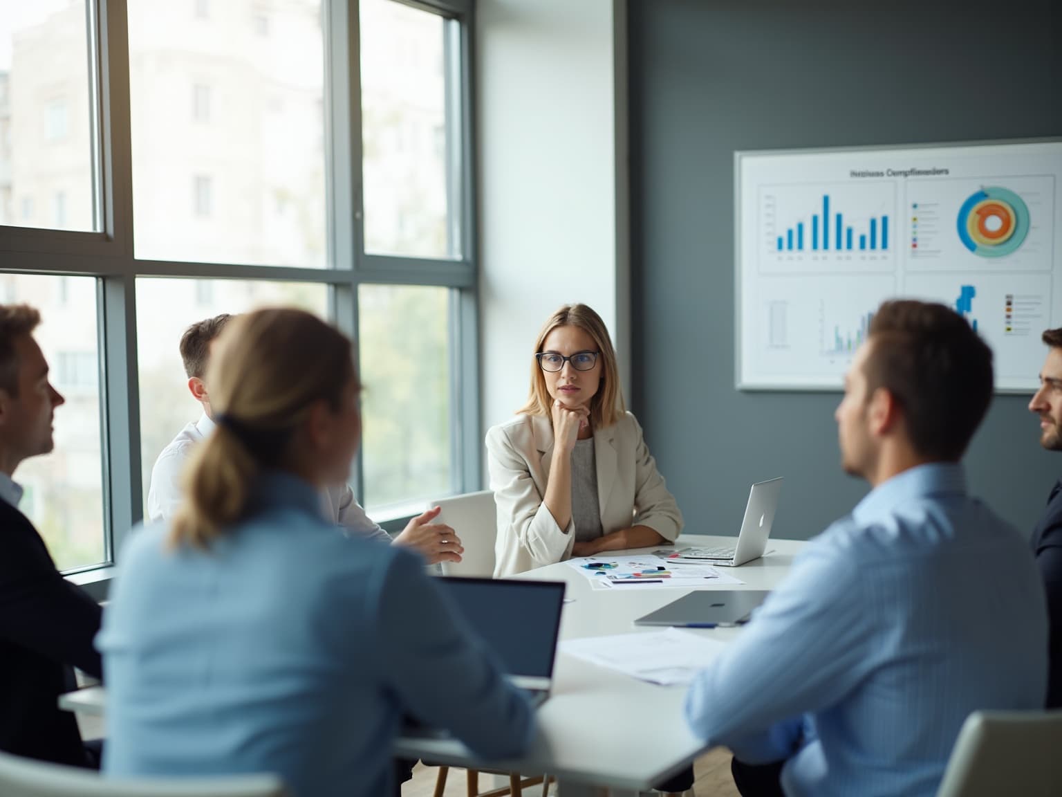Woman with glasses resting her hand on her chin in a meeting, with a chart on the wall behind