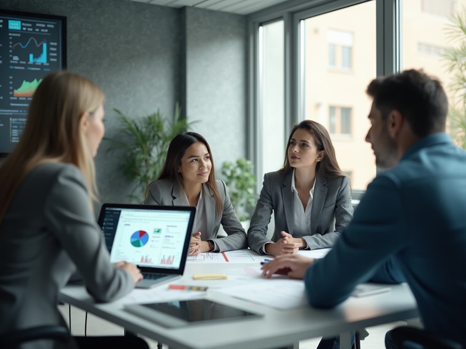 Presenter standing beside a team at a conference table with laptops and a wall display