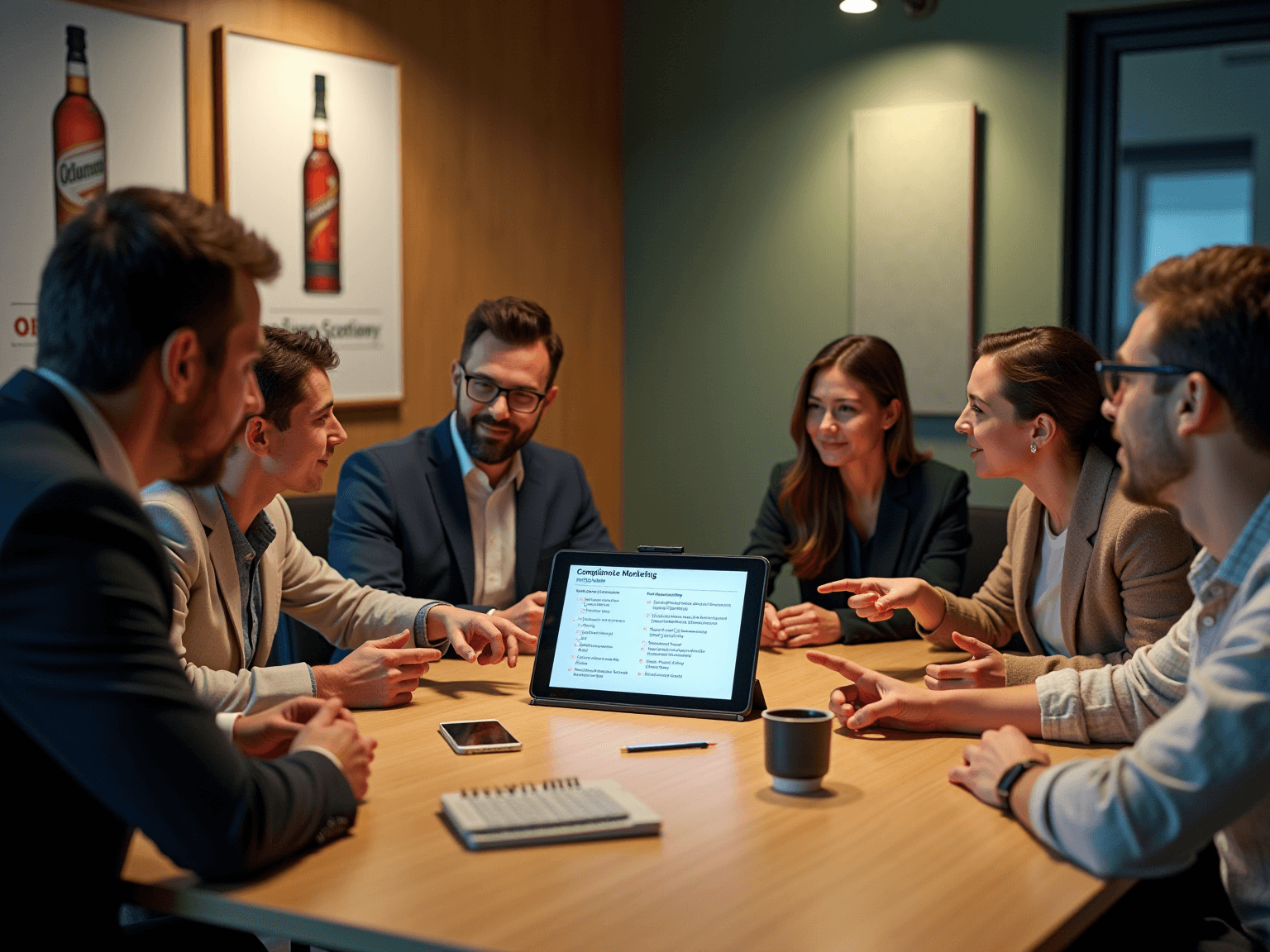 Team in a meeting room with a tablet on the table and whisky bottle posters on the wall