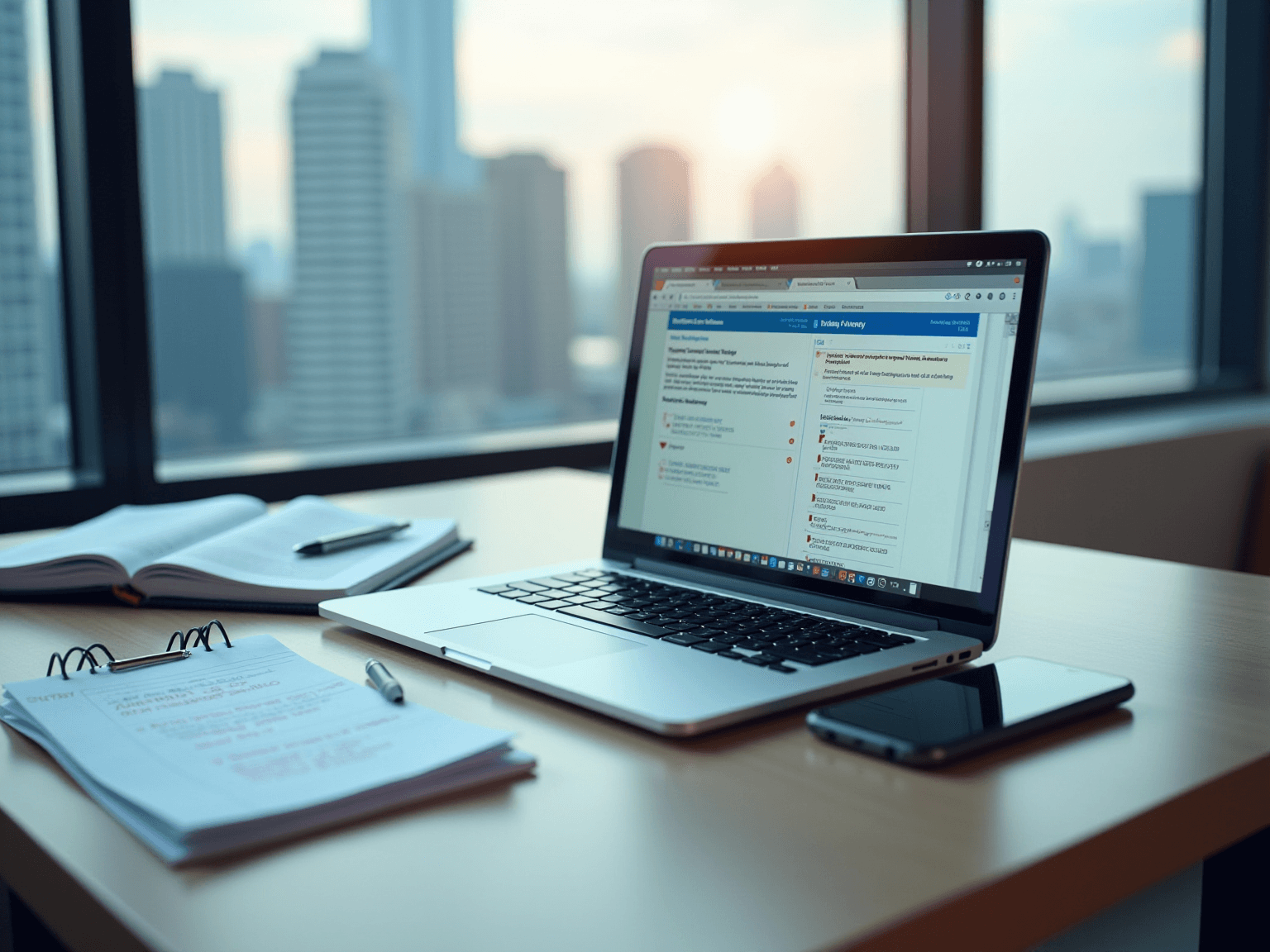Laptop on a desk by a city window showing a compliance report page, with a notepad and phone
