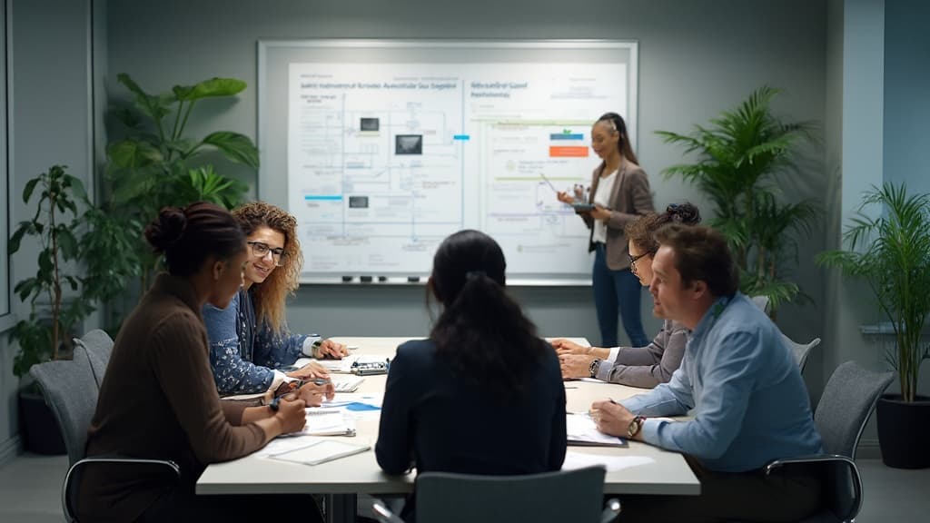 Team at a table, one woman presenting in front of a whiteboard of flowcharts