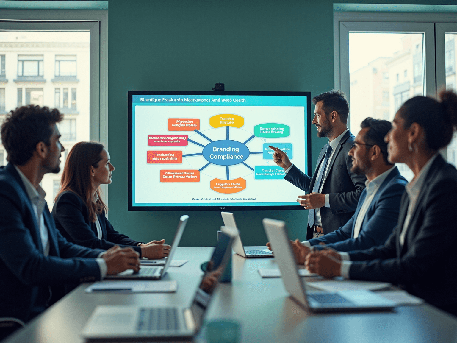 Presenter at a wall screen showing a branding compliance mind map to a seated team