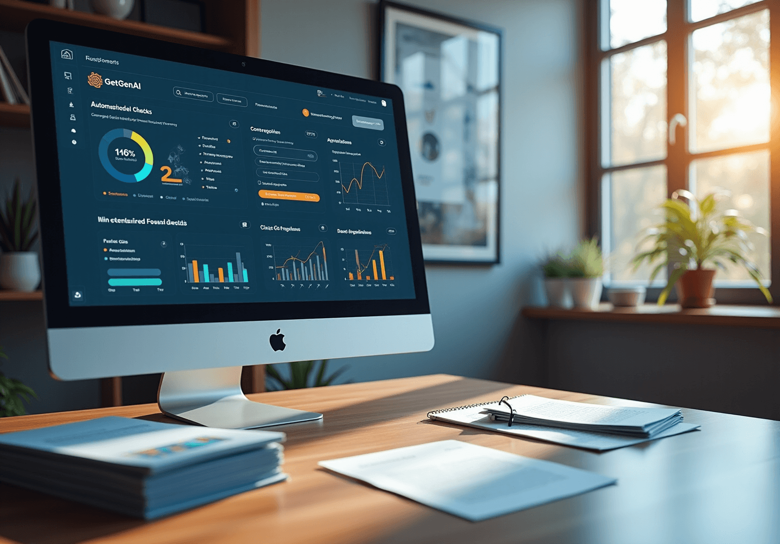 Inspack dashboard with automated checks on a desktop monitor beside notebooks and a plant