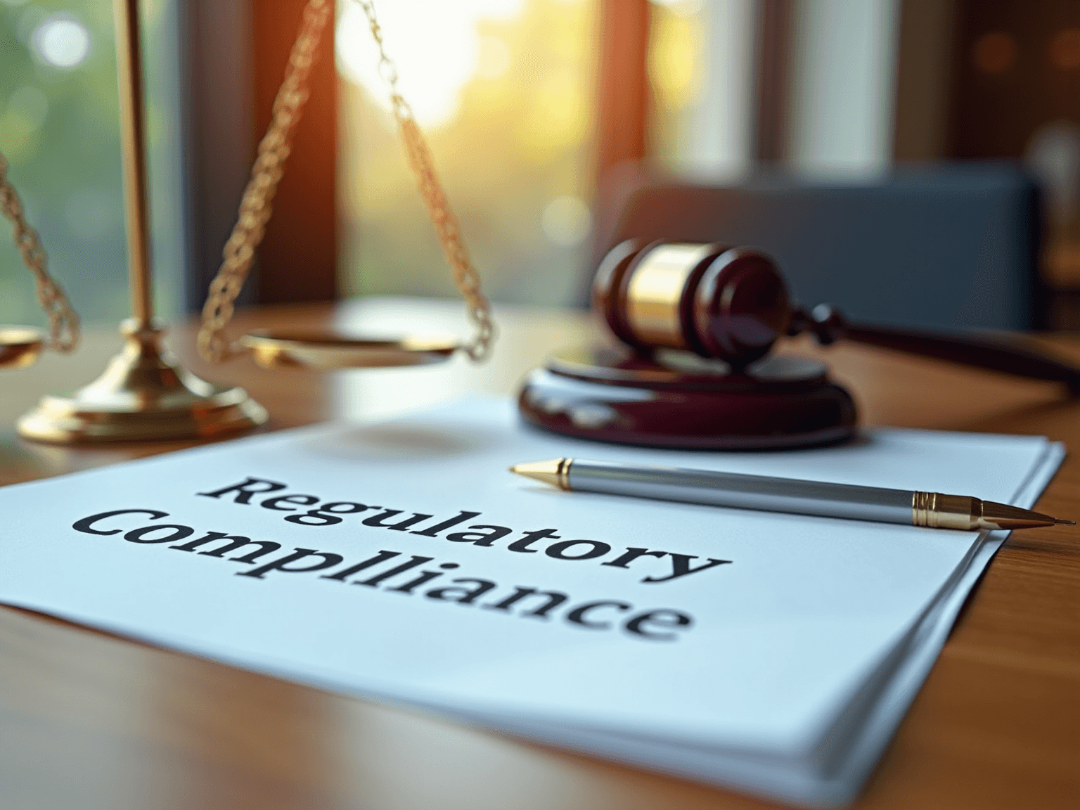 Gavel, brass scales and a pen on a document reading Regulatory Compliance