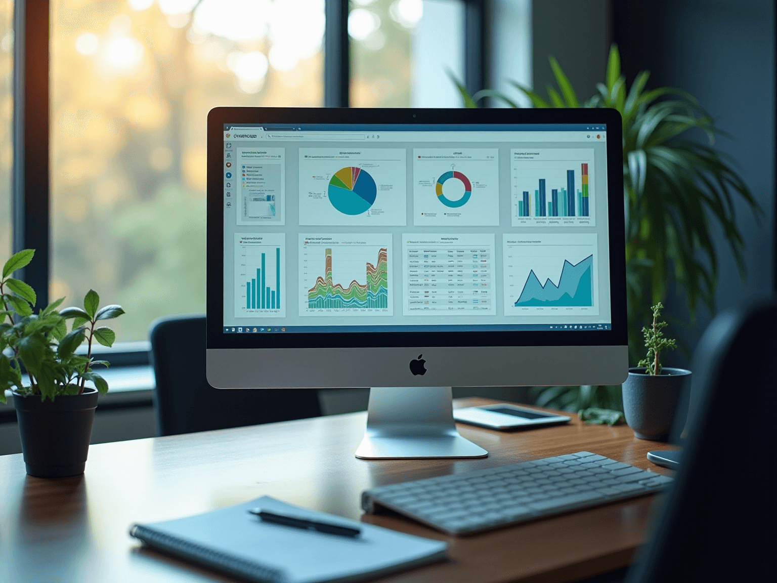 Desktop monitor showing a dashboard of pie, bar and area charts beside a plant and keyboard
