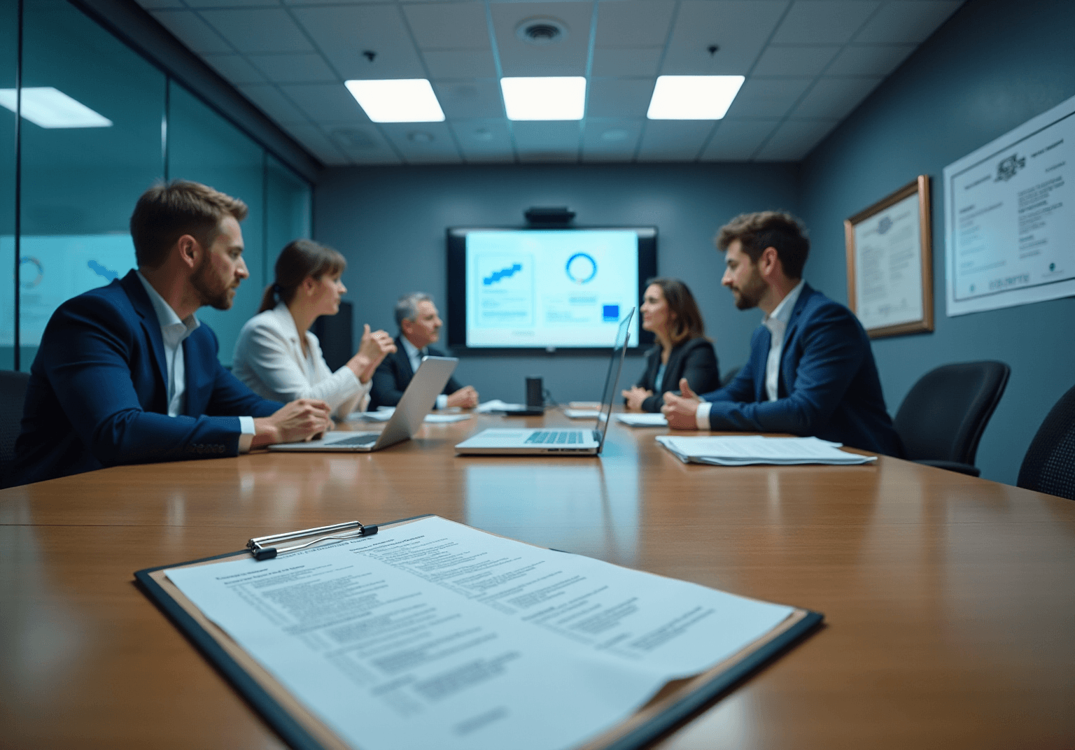 Clipboard of printed review forms in the foreground, with a team in a boardroom behind