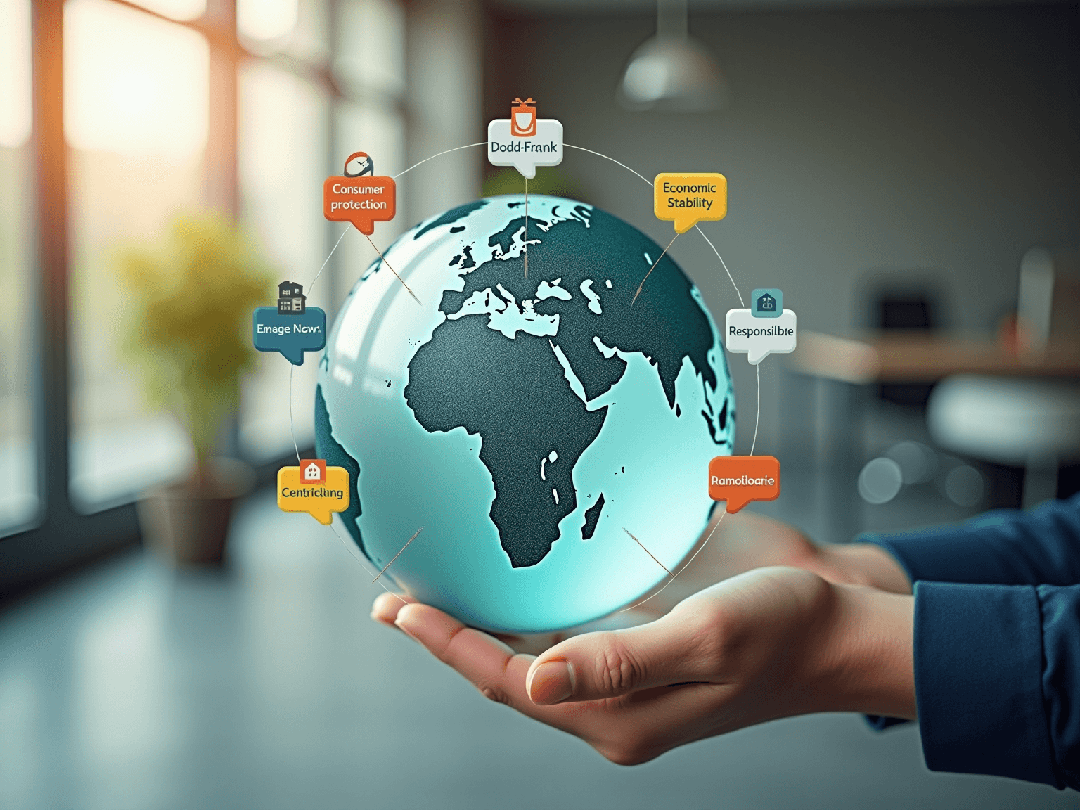 Hands holding a glowing globe with speech-bubble labels for consumer protection, economic stability and responsibility