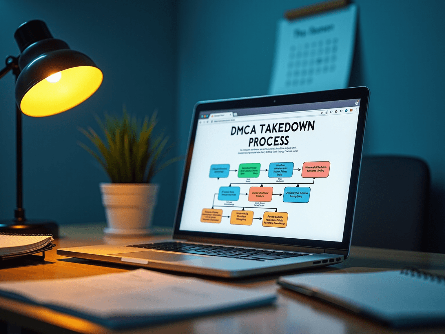 Laptop under a desk lamp showing a DMCA takedown process flowchart