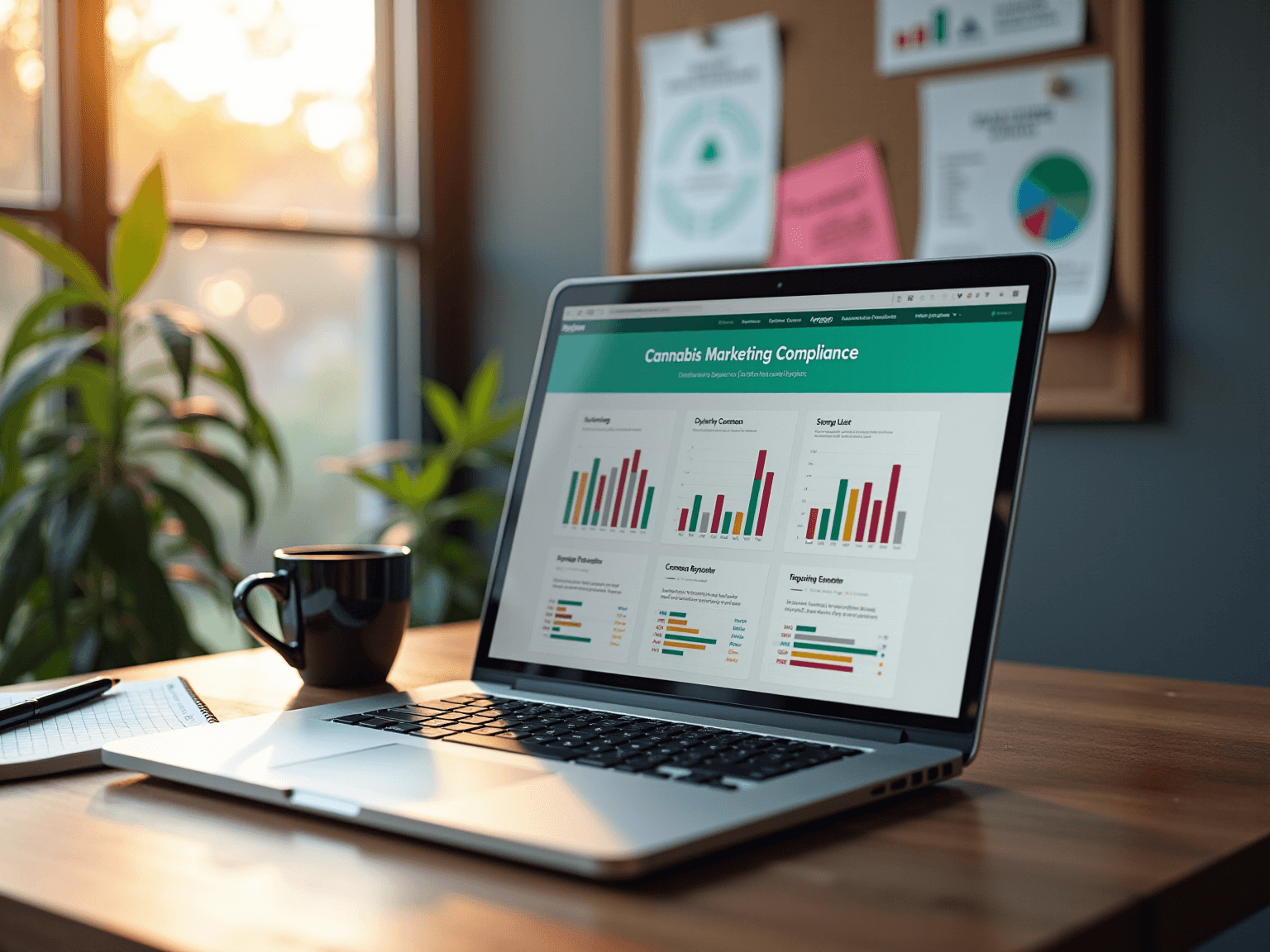 Laptop on a sunlit desk showing a green dashboard of bar charts, beside a coffee mug and plant