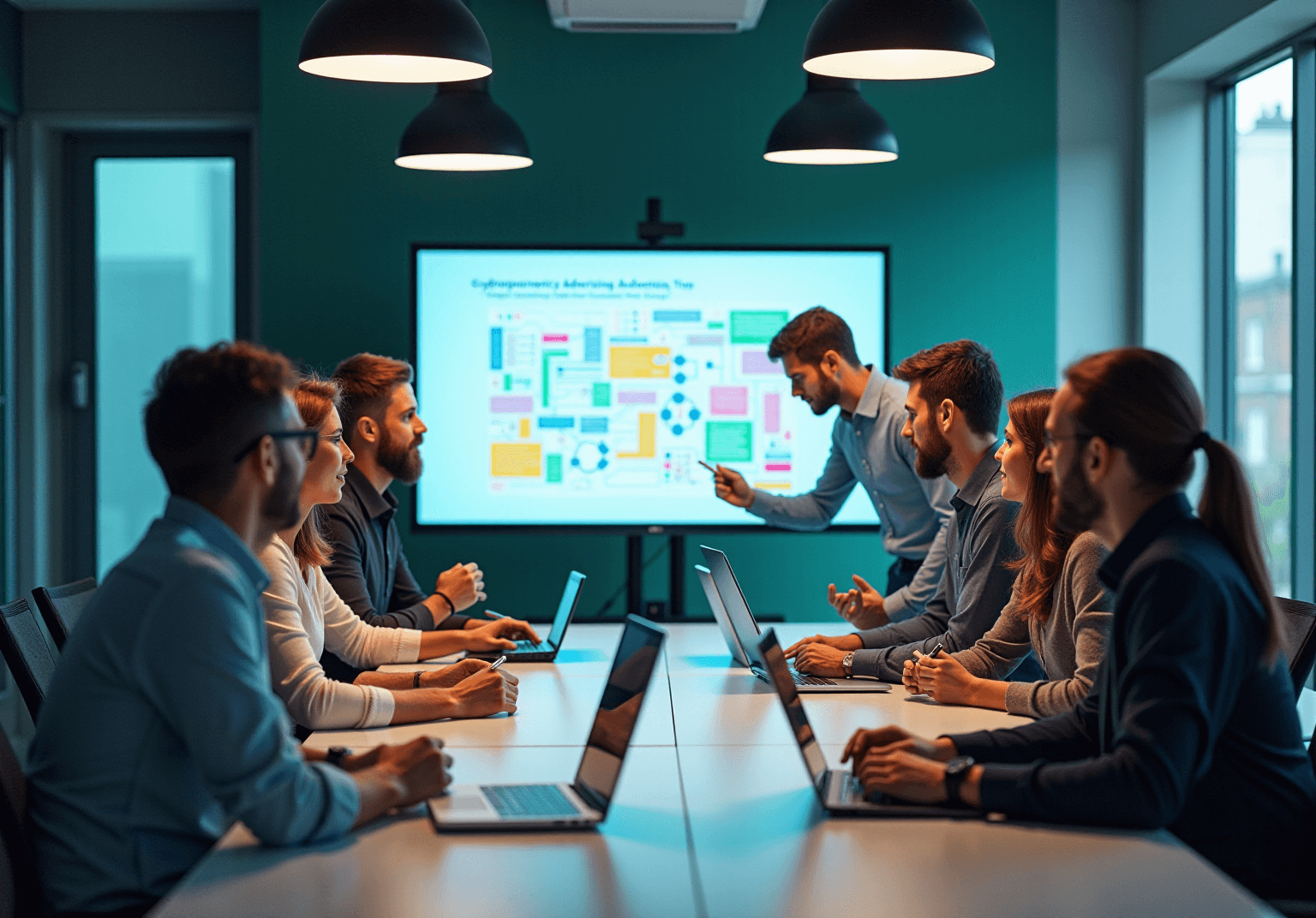 Team watching a wall screen with a colorful crypto advertising flowchart